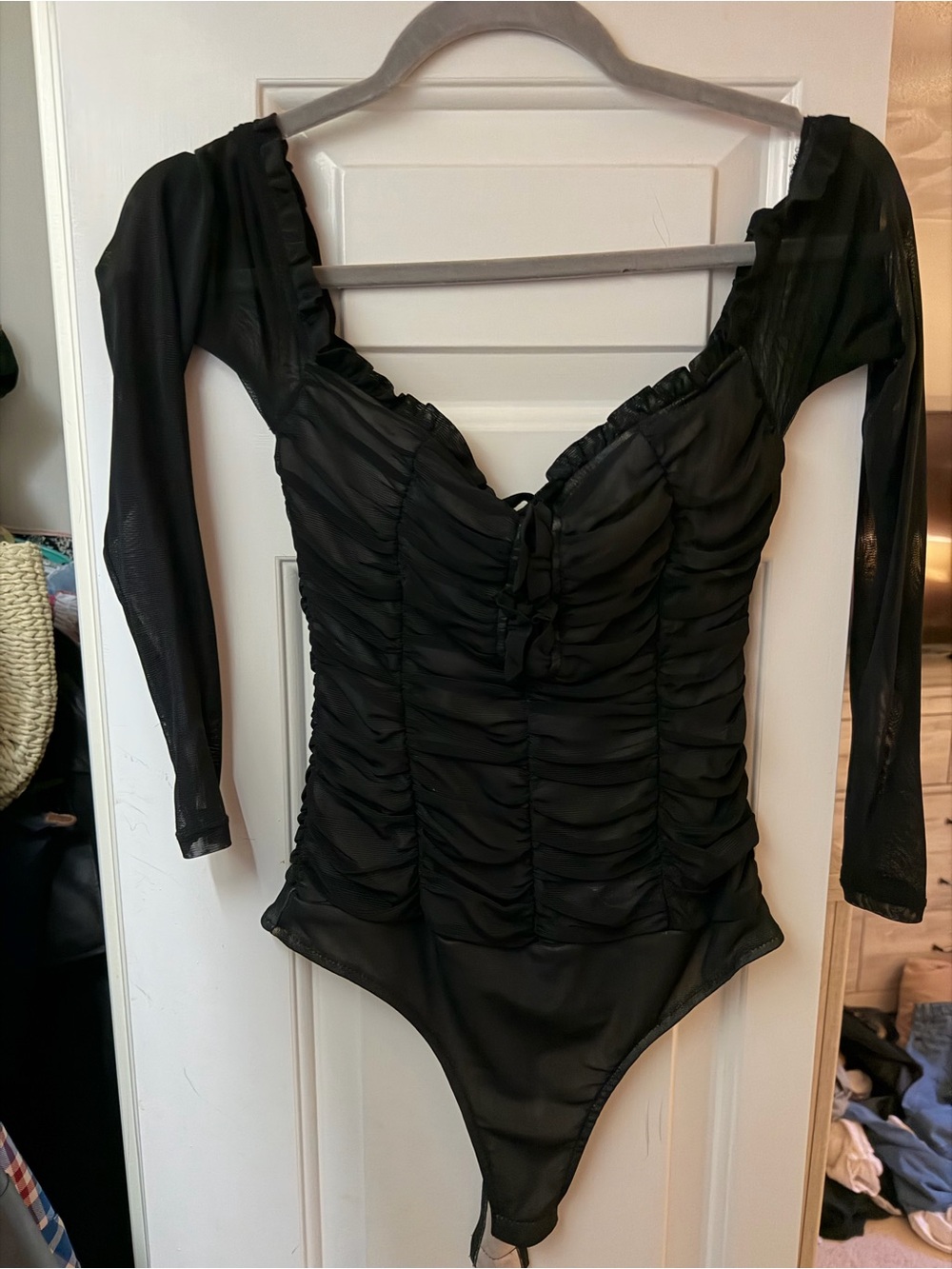Black Ruched Sheer Long-Sleeve Bodysuit